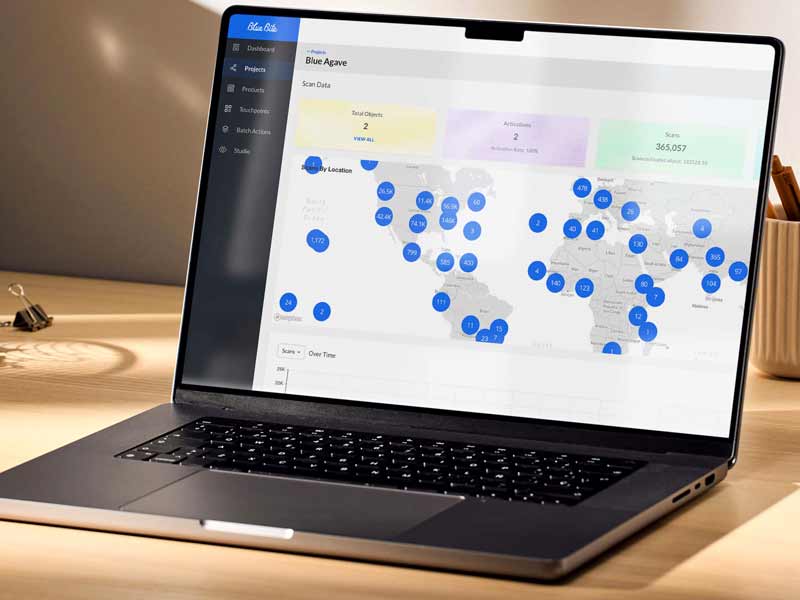 Laptop screen showing global analytics dashboard connected to smart packaging data | Markem-Imaje